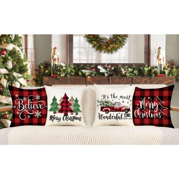 18''x18'' 4 Red Black Farmhouse Emotion Buffalo Check Christmas Pillow Covers - Picture 2 of 10